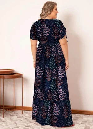 Quintess - Vestido Longo Folhas Marinho com Amarrações - QUINTESS