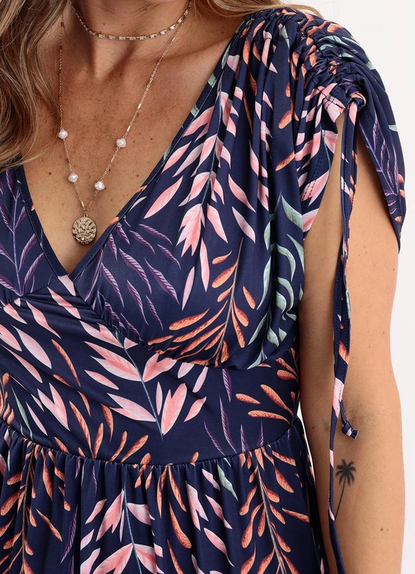 Quintess - Vestido Longo Folhas Marinho com Amarrações 3