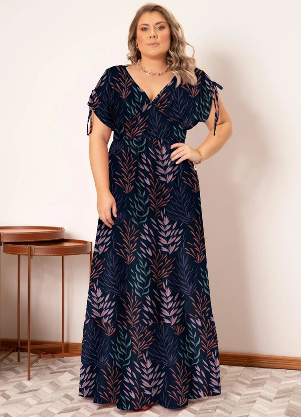Quintess - Vestido Longo Folhas Marinho com Amarrações 6