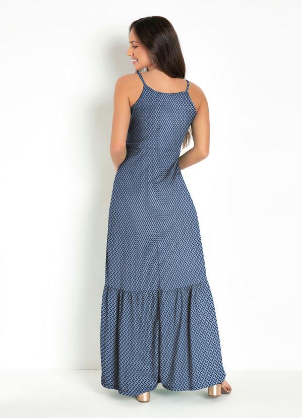 Moda Pop - Vestido Longo Formas Azul com Babado na Barra 2