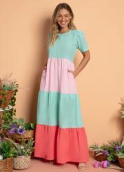 Vestido Longo Franzido Tricolor Turquesa