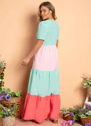 Quintess - Vestido Longo Franzido Tricolor Turquesa - QUINTESS