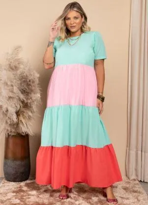 Quintess - Vestido Longo Franzido Tricolor Turquesa - QUINTESS
