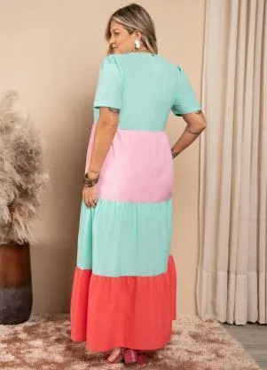Quintess - Vestido Longo Franzido Tricolor Turquesa - QUINTESS