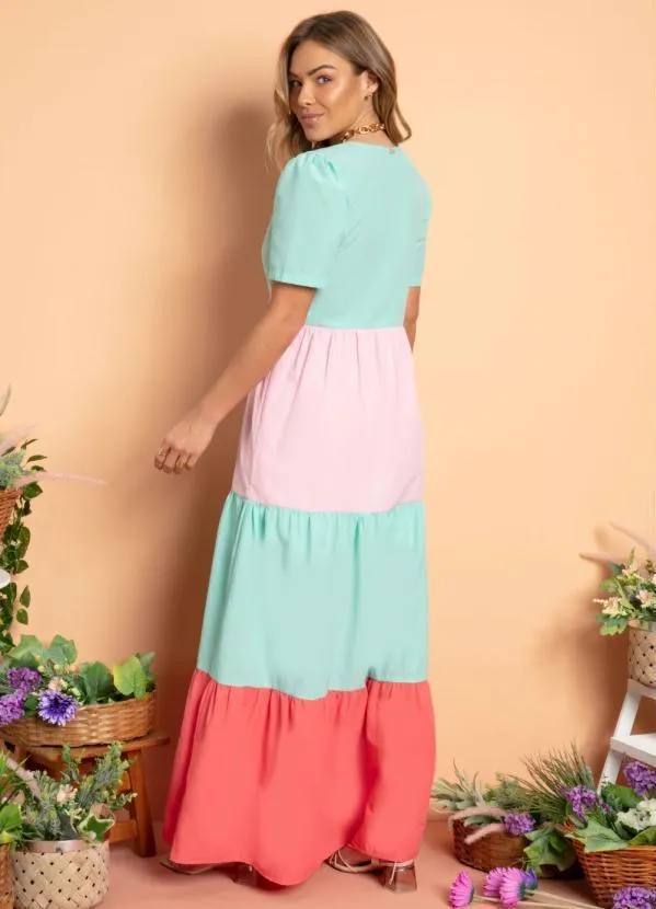 Quintess - Vestido Longo Franzido Tricolor Turquesa 5