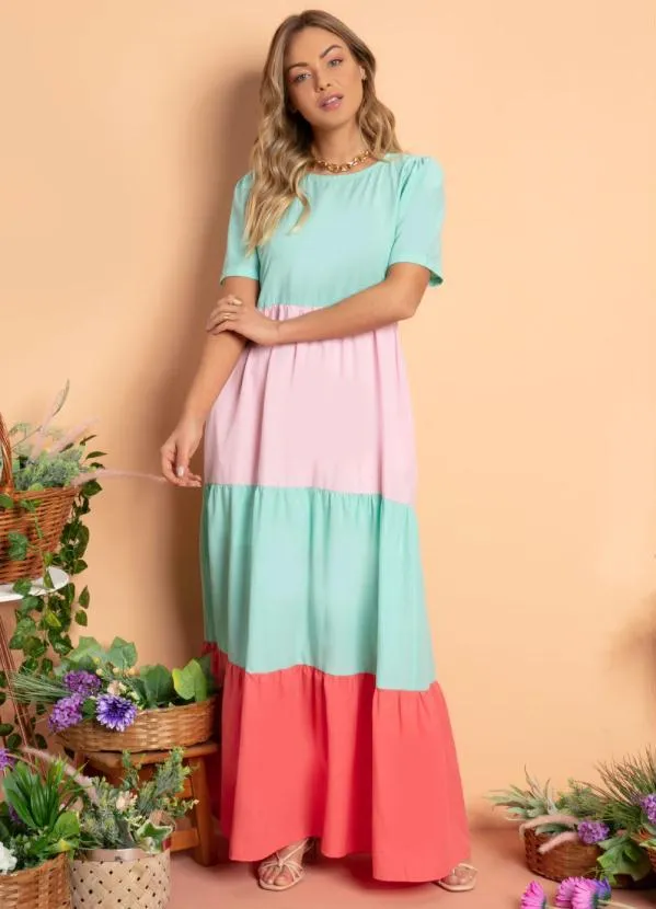 Quintess - Vestido Longo Franzido Tricolor Turquesa 4