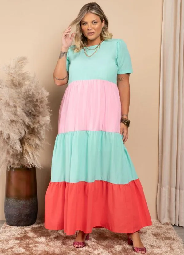 Quintess - Vestido Longo Franzido Tricolor Turquesa 3