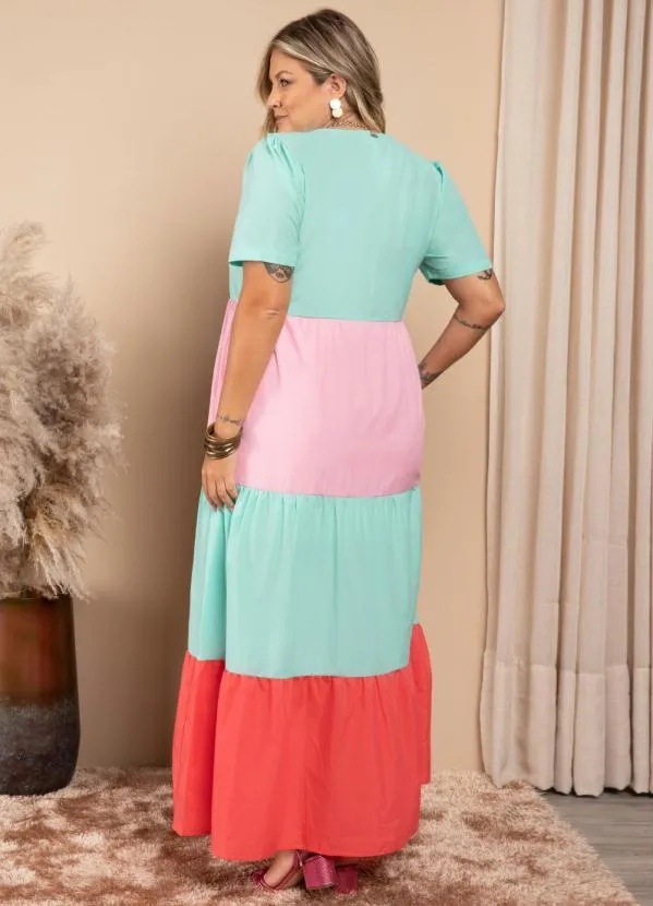 Quintess - Vestido Longo Franzido Tricolor Turquesa 2