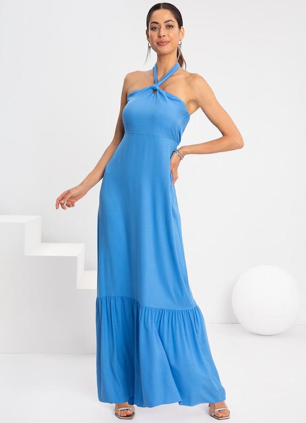 Lunender - Vestido Longo Frente Única Babado na Barra Azul 1