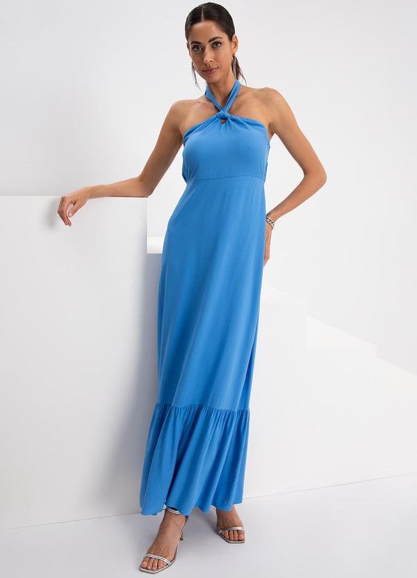 Lunender - Vestido Longo Frente Única Babado na Barra Azul 3