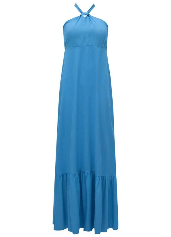 Lunender - Vestido Longo Frente Única Babado na Barra Azul 4