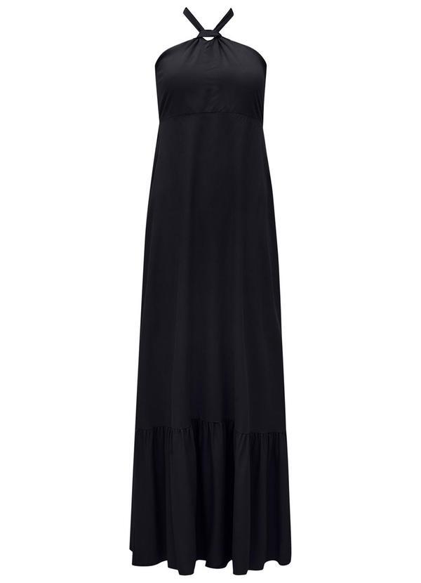 Lunender - Vestido Longo Frente Única Babado na Barra Preto
