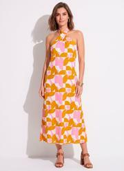 Vestido Longo Frente �nica Estampado em Malha Fria com Amarra��o