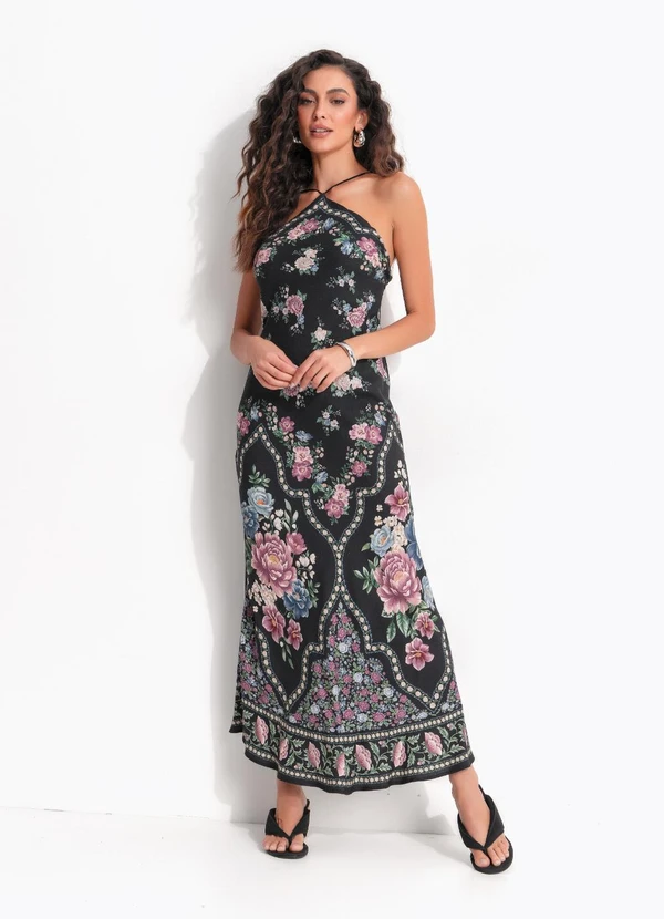 Farm - Vestido Longo Frente Única Romance Preto