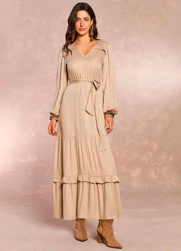 Doce Trama - Vestido Longo Jardim Boho em Poá Bege