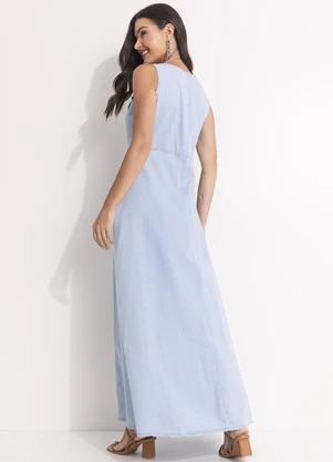Quintess - Vestido Longo Jeans Claro com Botões - QUINTESS