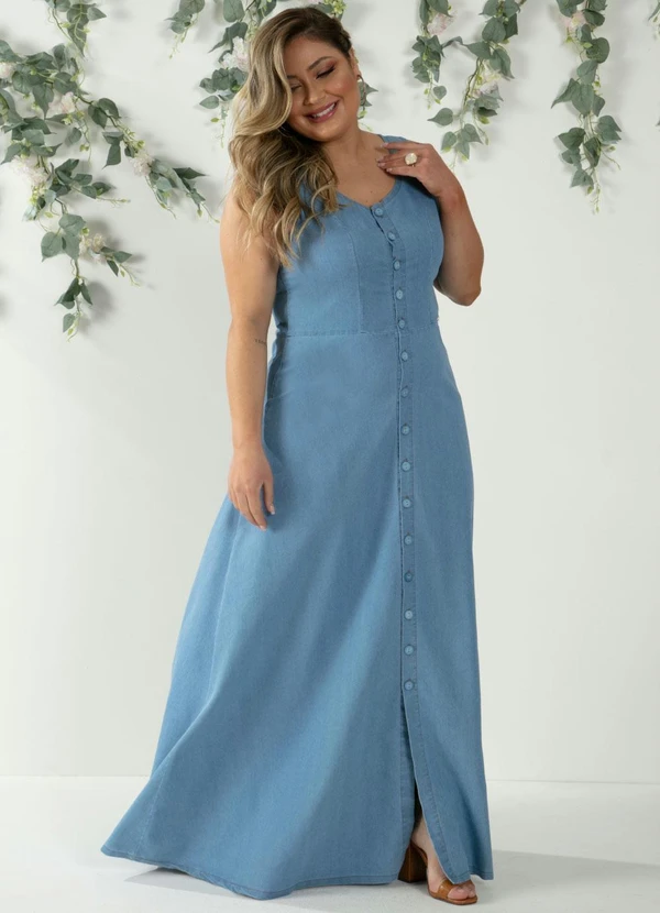 Quintess - Vestido Longo Jeans Claro com Botões 8