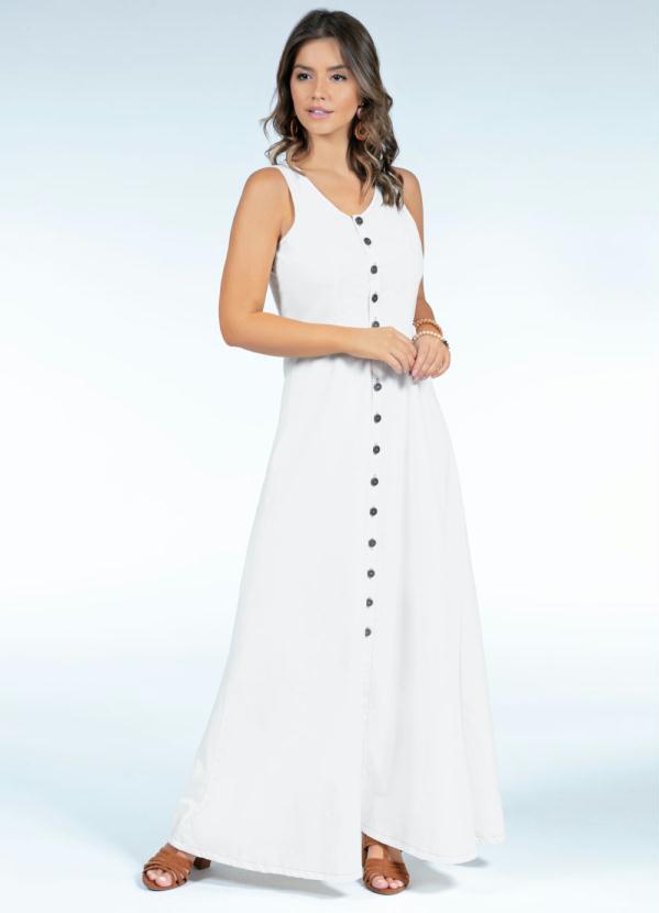 Quintess - Vestido Longo Jeans Off White com Botões