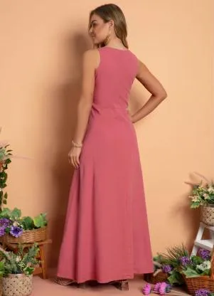 Quintess - Vestido Longo Jeans Rosa com Botões - QUINTESS
