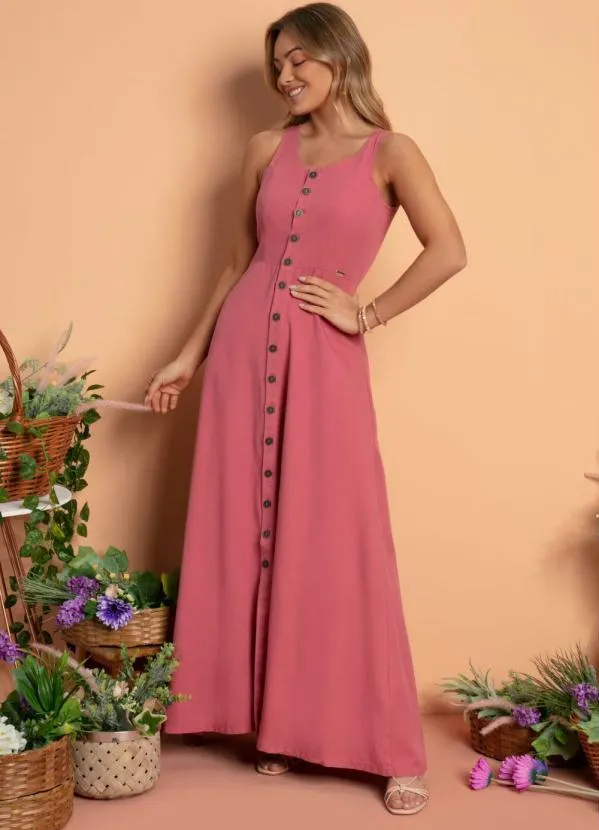 Quintess - Vestido Longo Jeans Rosa com Botões 3
