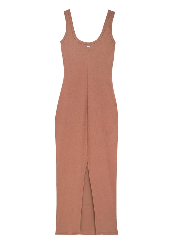 Enfim - Vestido Longo Justo com Fenda Marrom 2