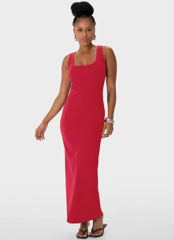 Enfim Vestido Longo Justo em Ribana Vermelho