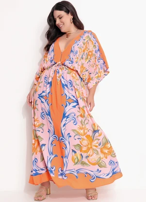 Farm - Vestido Longo Lenço em Viscose Laranja - FARM