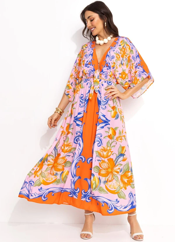 Farm - Vestido Longo Lenço em Viscose Laranja