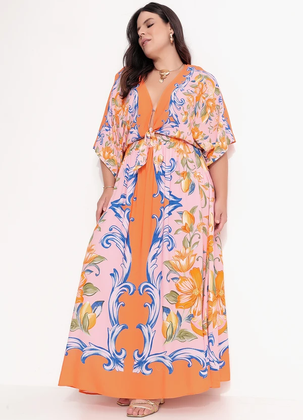 Farm - Vestido Longo Lenço em Viscose Laranja 2