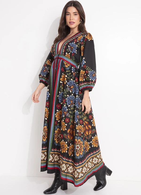 Farm - Vestido Longo Lenco Latina Preto 7