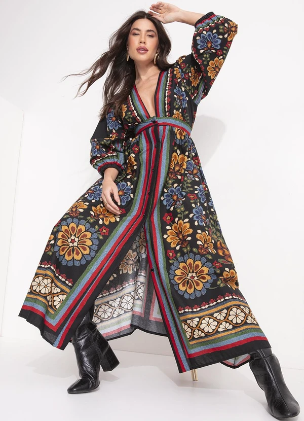 Farm - Vestido Longo Lenco Latina Preto 8