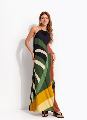 Farm - Vestido Longo Listra Arara Preto - FARM