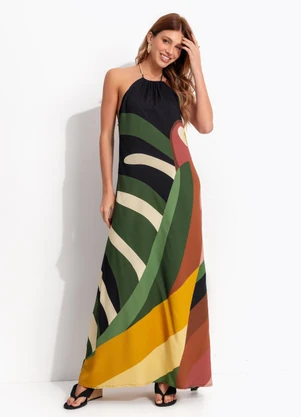 Farm - Vestido Longo Listra Arara Preto - FARM