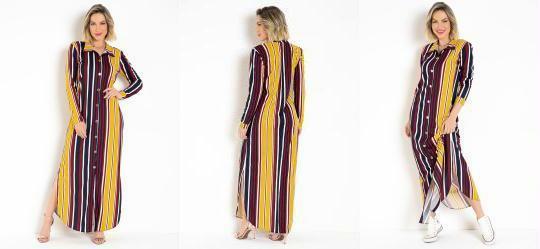 Vestido Longo Listrado Azul com Mangas Longas