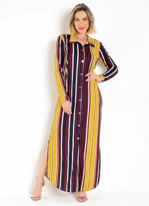 Moda Pop - Vestido Longo Listrado Azul com Mangas Longas - MODA POP