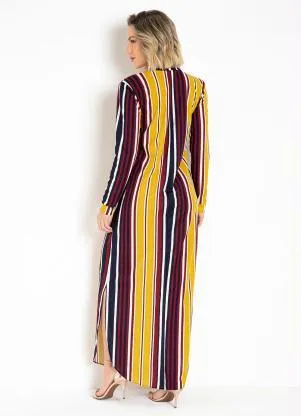 Moda Pop - Vestido Longo Listrado Azul com Mangas Longas - MODA POP
