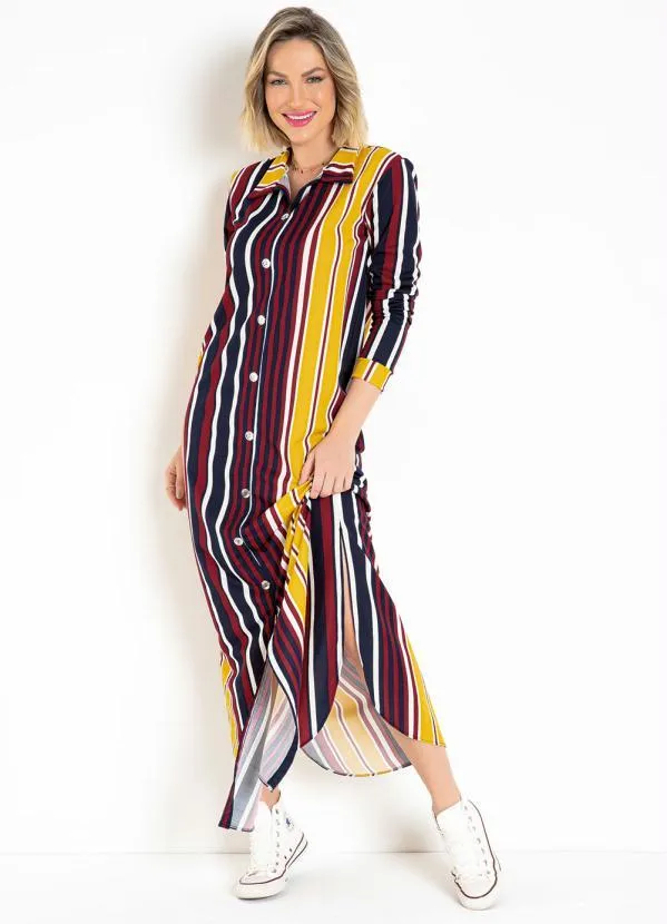 Moda Pop - Vestido Longo Listrado Azul com Mangas Longas 3