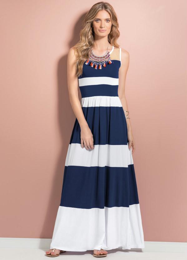 Quintess - Vestido Longo Listrado Azul e Branco