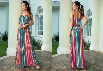 Vestido Longo Listrado com Alas Finas