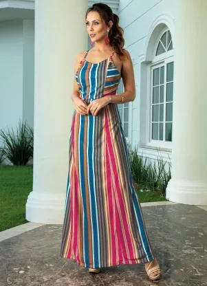 Moda Pop - Vestido Longo Listrado com Alças Finas - MODA POP