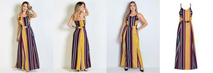 Vestido Longo Listrado com Alas