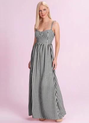 Angel - Vestido Longo Listrado Cotton Touch Preto - ANGEL