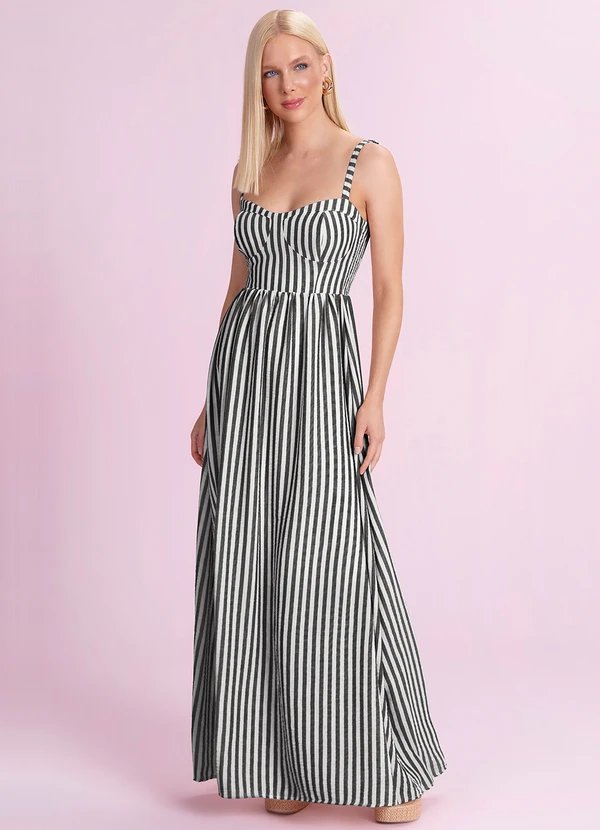Angel - Vestido Longo Listrado Cotton Touch Preto