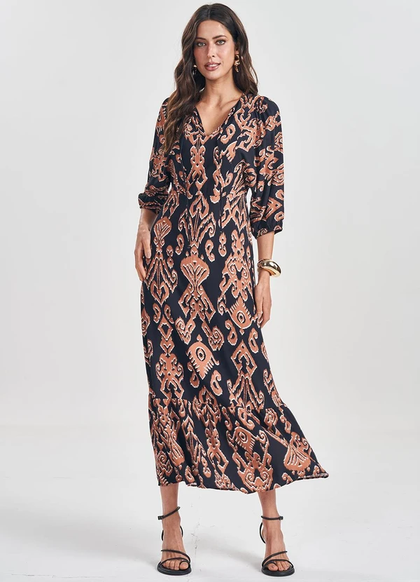 Doce Trama - Vestido Longo Manga 3/4 com Amarração Preto