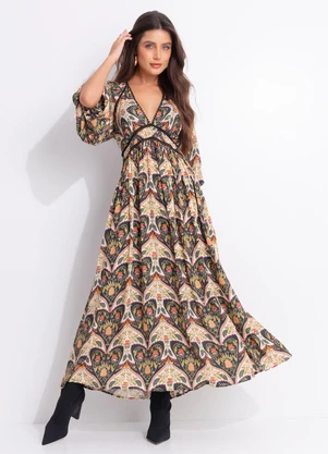 Farm - Vestido Longo Manga Andorinha Preto - FARM