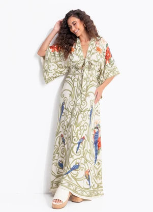Farm - Vestido Longo Manga Arabesco Tropical Bege - FARM