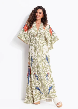 Farm - Vestido Longo Manga Arabesco Tropical Bege - FARM