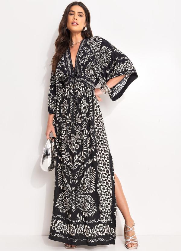 Farm - Vestido Longo Manga Borbolina Preto