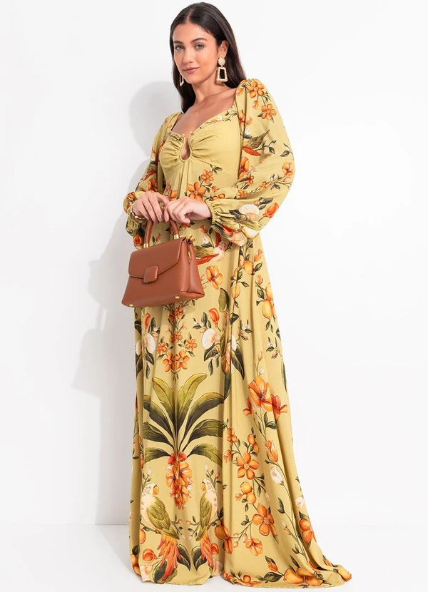 Farm - Vestido Longo Manga Bosque Chic Verde