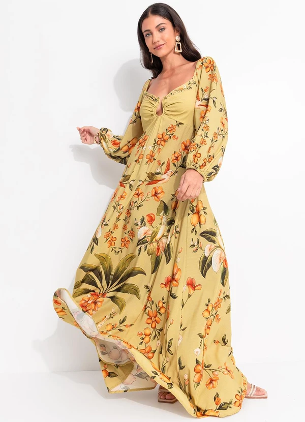 Farm - Vestido Longo Manga Bosque Chic Verde 3